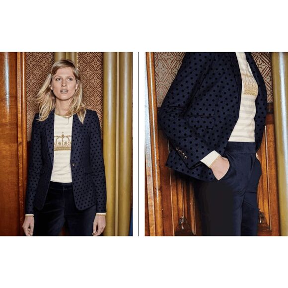BODEN Mirabelle Blazer Navy Blue Polka Dot Black Jacket, Sz 10R, MSRP $198 - Picture 9 of 9
